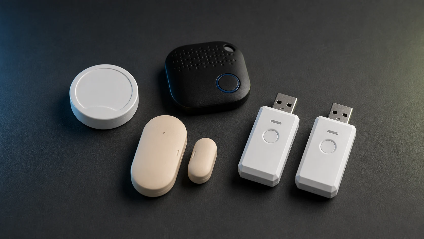 An illustrative render of the prototype kit: three BlueCharm beacon types and two USB gateways.